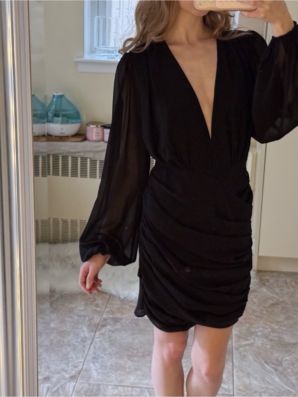 Black Ruched Mini Dress with Deep V / Sheer Sleeves